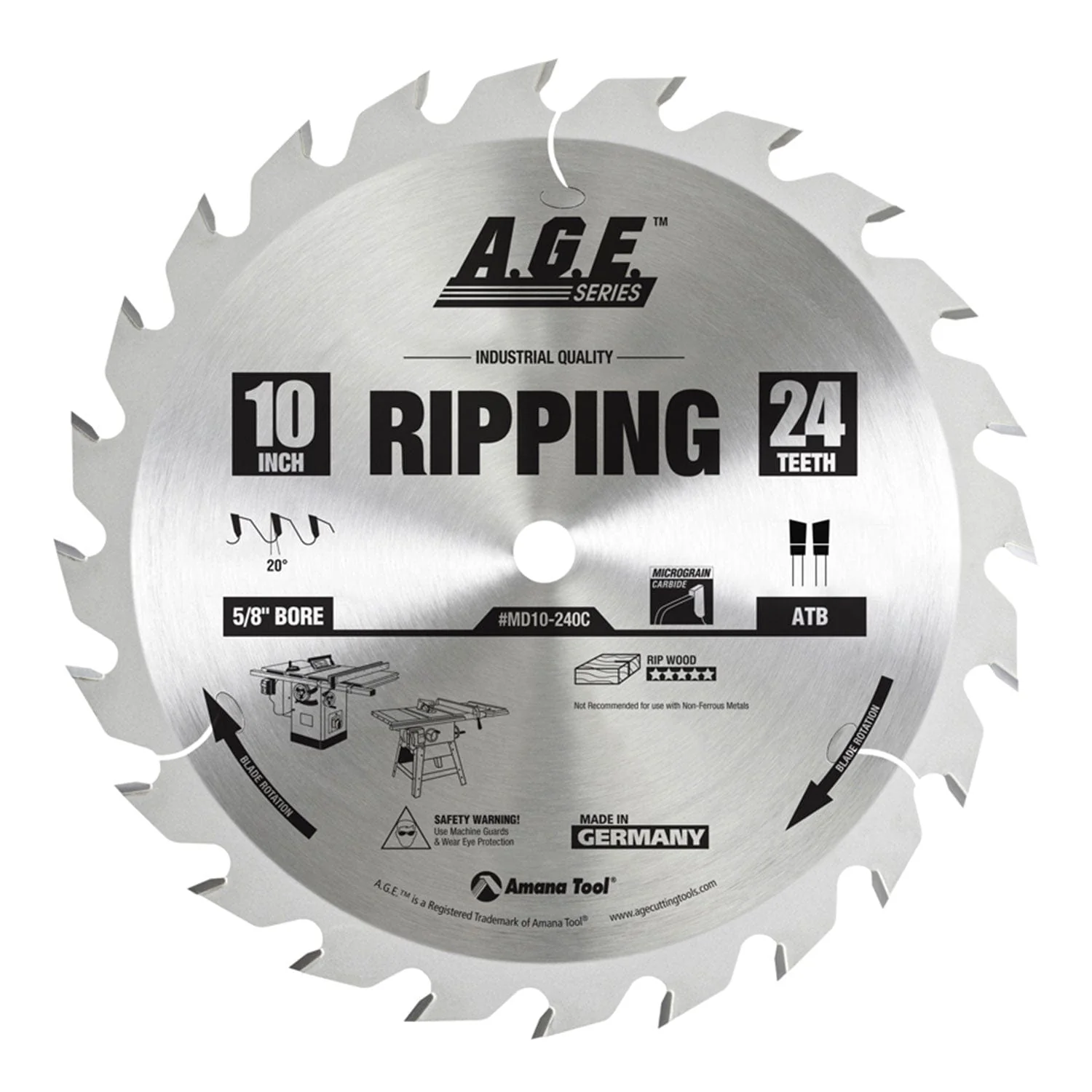 10" x 24T Carbide Tipped Ripping Blade, 20 Deg., 5/8" Bore., ATB - Image 2