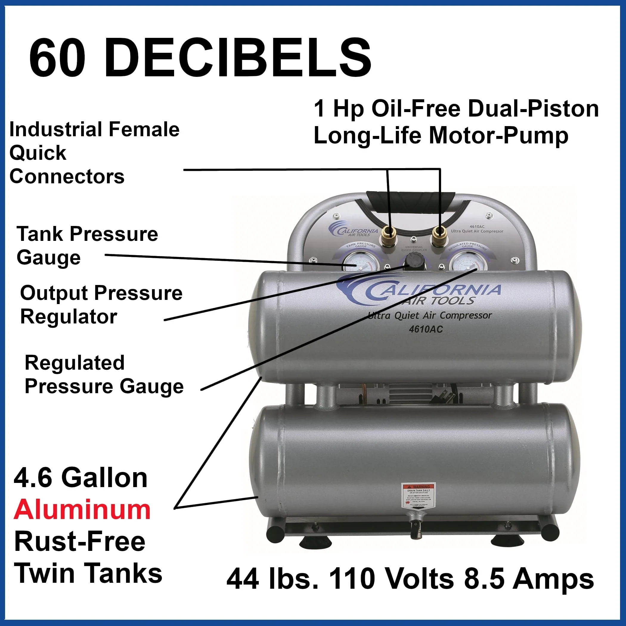 1HP 4.6 Gallon Oil-Free Twin Portable Aluminum Tank Air Compressor - Image 2