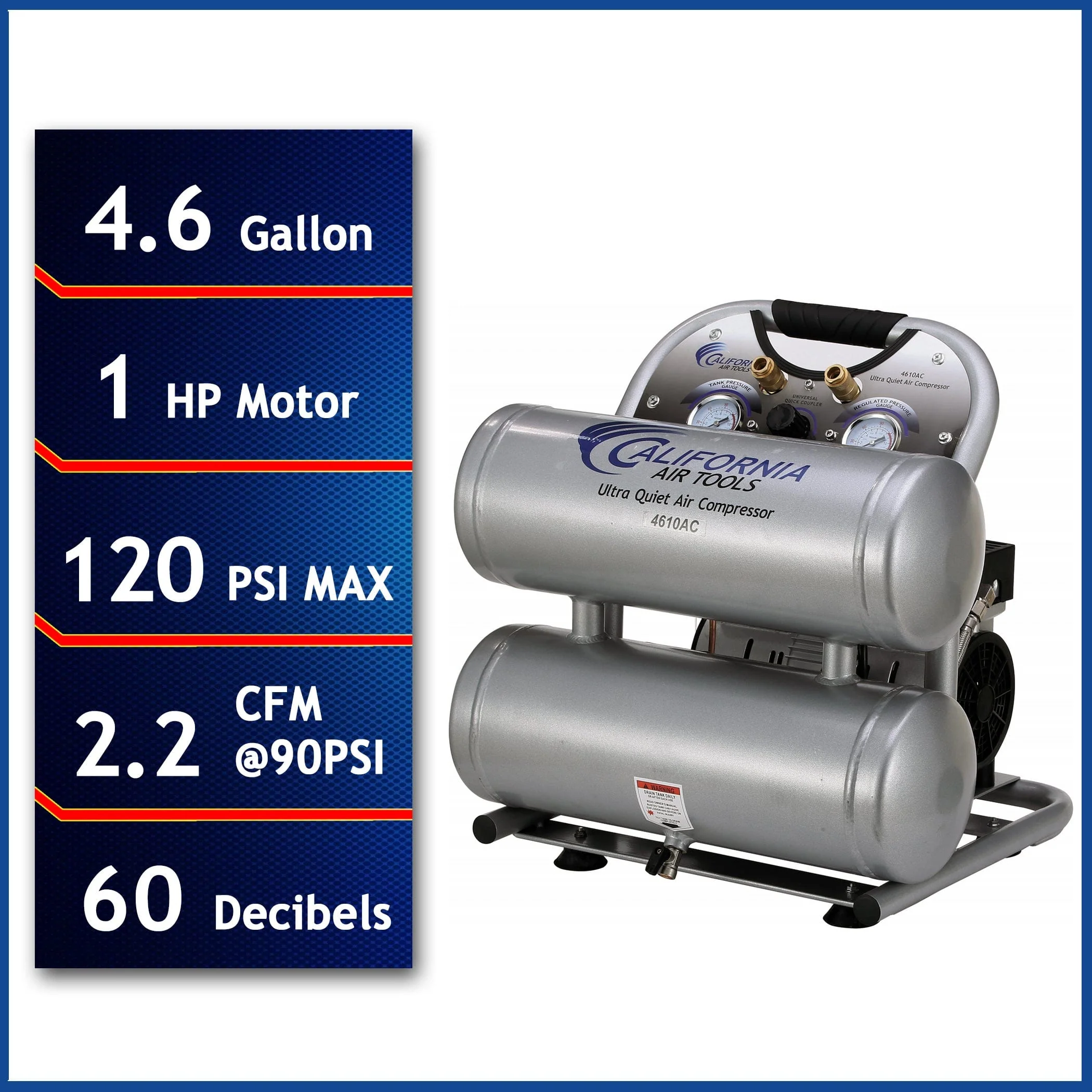 1HP 4.6 Gallon Oil-Free Twin Portable Aluminum Tank Air Compressor - Image 3