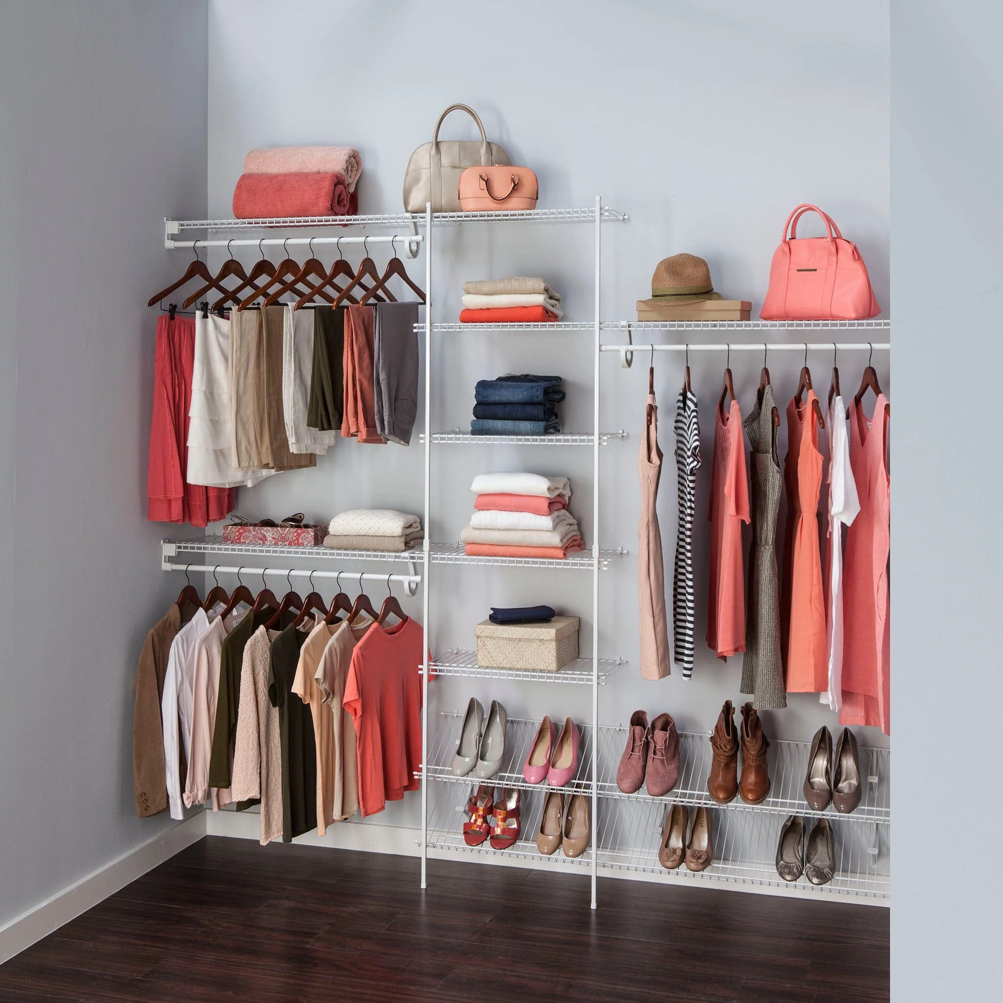 SuperSlide Closet Organizer Kit with Shoe Shelf 5' - 8' W Fixed Mount, White - Image 3