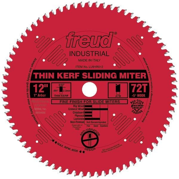 LU91R012 Sliding Compound Miter Saw Blade 12" x 1" Bore x 72 Tooth ATB